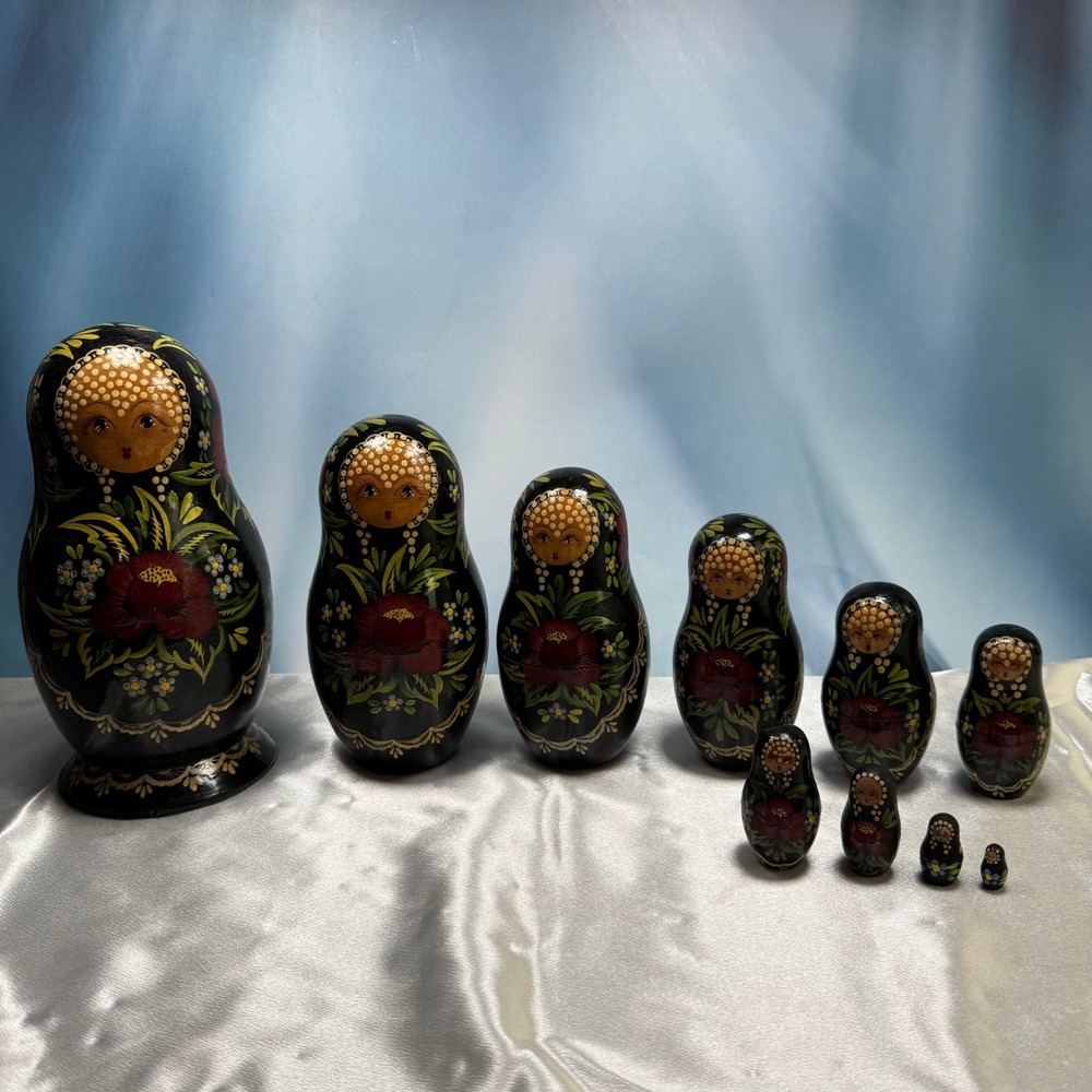 Complete 10pc VTG Russian Matryoshka Nesting Dolls Set 9" Hand Painted Floral